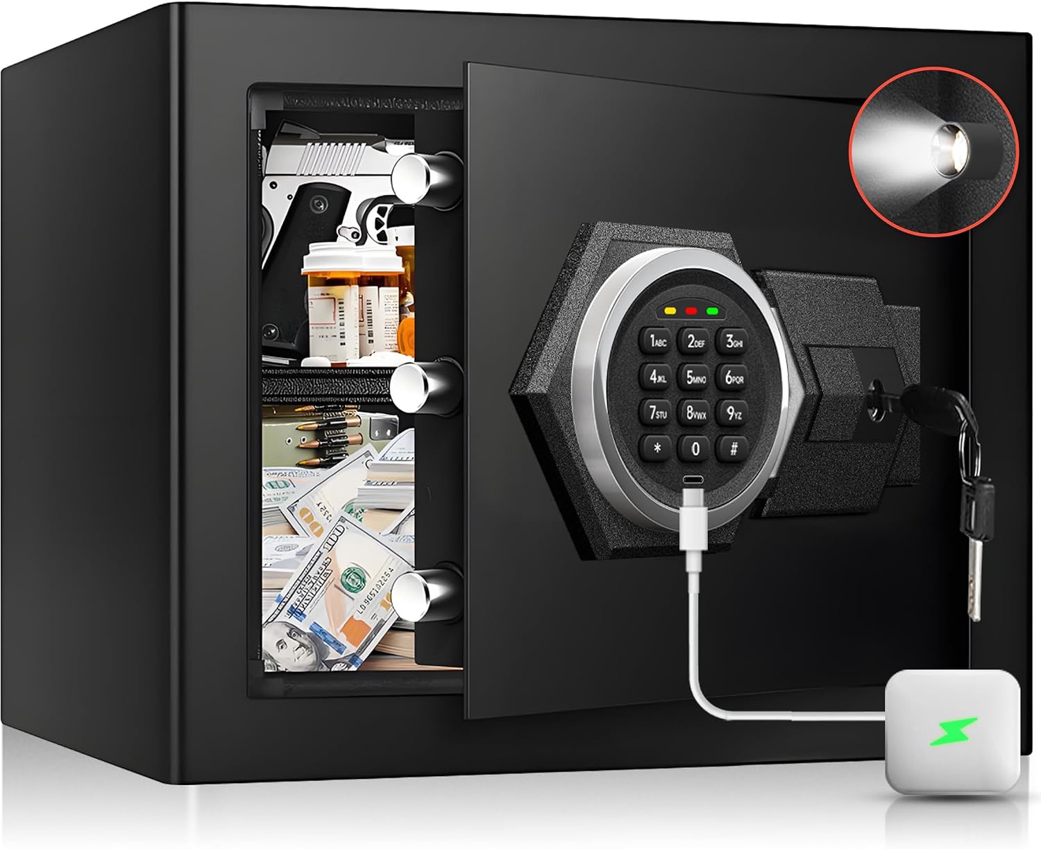 Home Security Key Box - 耐火性家庭用金庫-スチール製デジタルコンビネーションロックセキュリティボックス、Type-Cバックアップ＆センサーライト付き、キーロック式セーフティボックス