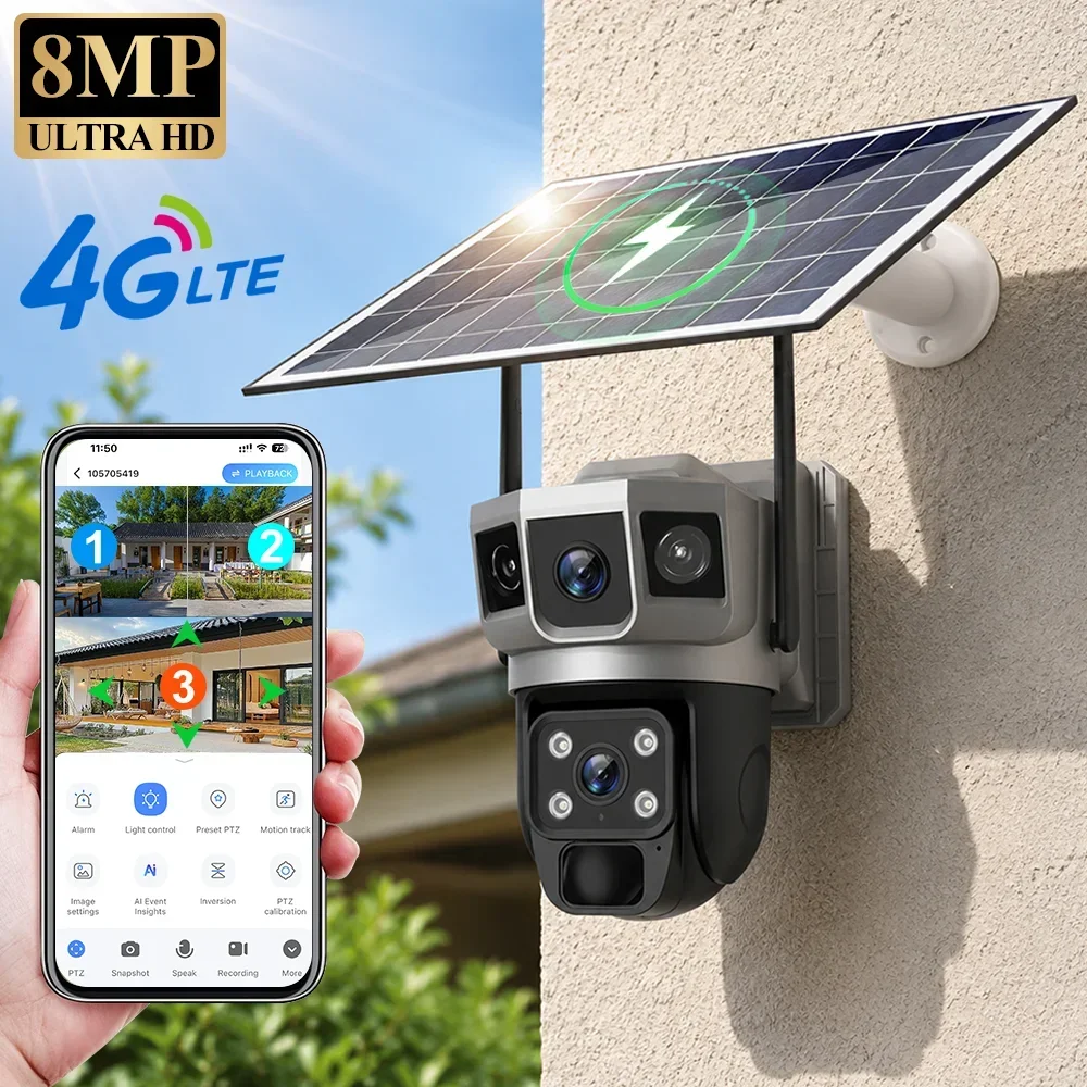 Home Security Tools - V380 4K 3画面 4Gカメラ ソーラーバッテリー PIR