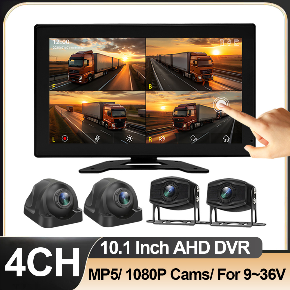 Home Security Cameras - 4チャンネルブラックボックス10.1インチトラックバス車両DVR MP5 4 PCS AHD 1080Pカメラナイトビジョン監視ビデオ駐車レコーダーシステムキットトレーラーRV